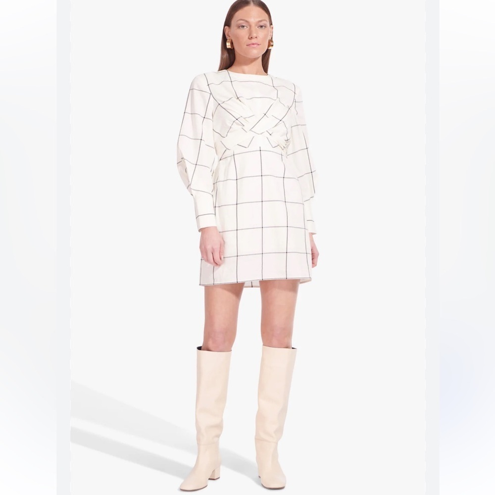 STAUD Cream And Black Windowpane Crosshill Mini Dress